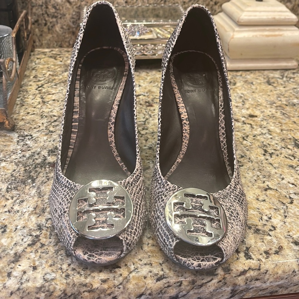 Tory Burch snake skin wedges.